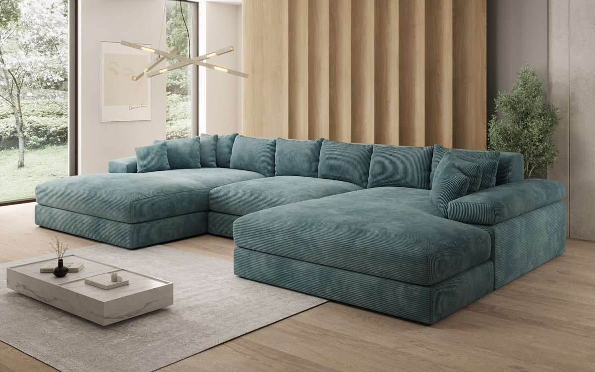 Designersofa Bernardo U met brede ottomane in ribstof