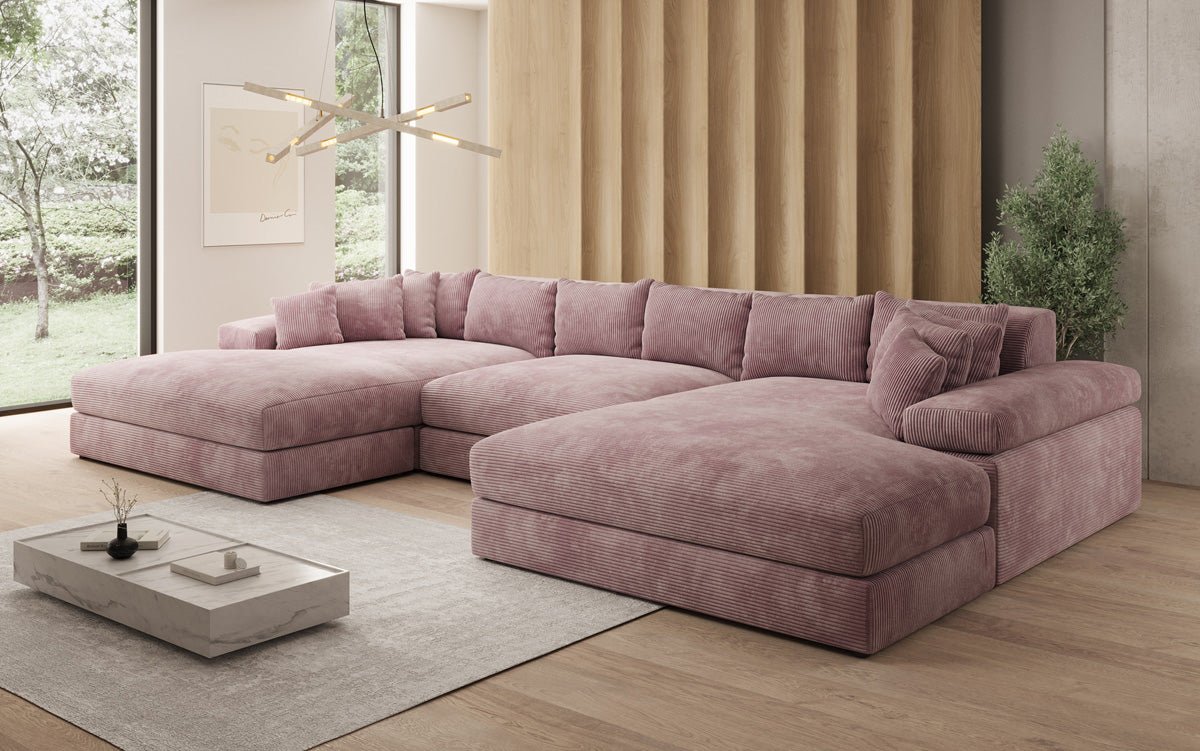 Designersofa Bernardo U met brede ottomane in ribstof