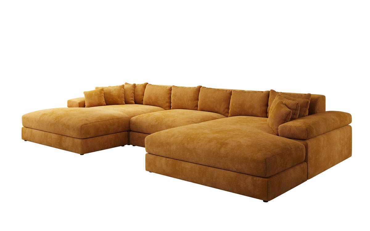 Designersofa Bernardo U met brede ottomane in ribstof