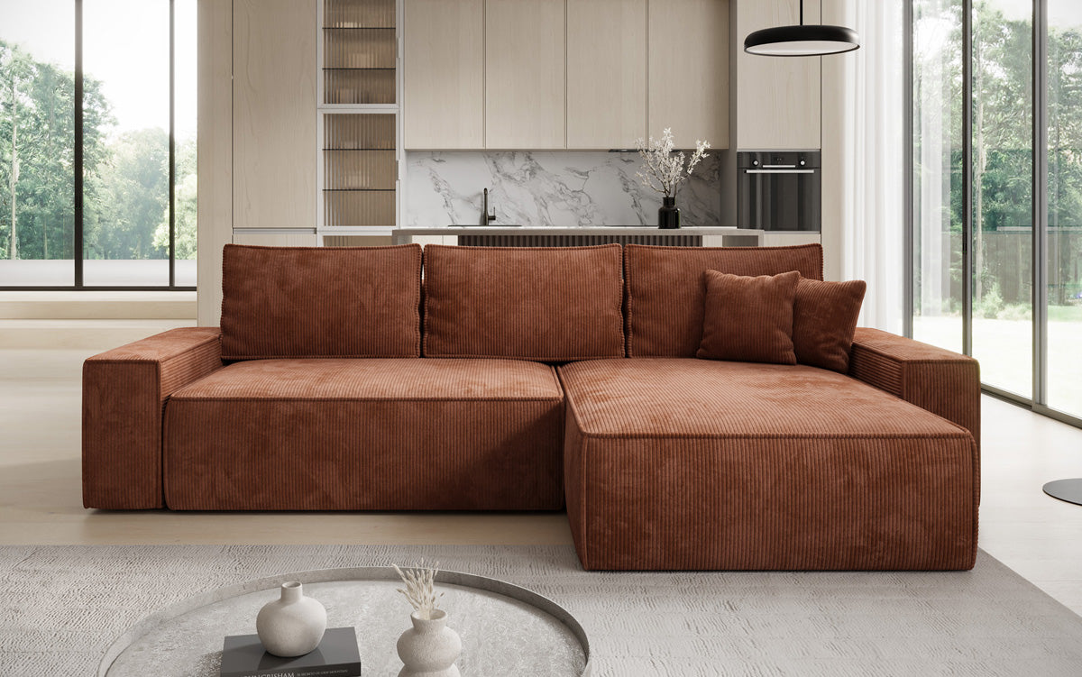 Designer hoekbank Lunaro met slaap- en uitklapfunctie in Ribstof