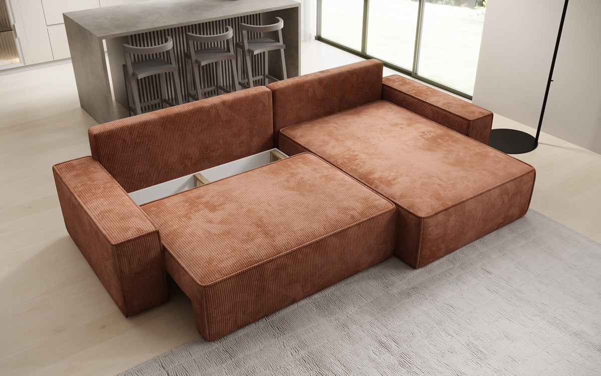 Designer hoekbank Lunaro met slaap- en uitklapfunctie in Ribstof