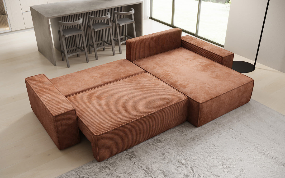 Designer hoekbank Lunaro met slaap- en uitklapfunctie in Ribstof
