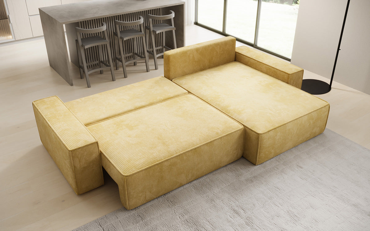 Designer hoekbank Lunaro met slaap- en uitklapfunctie in Ribstof