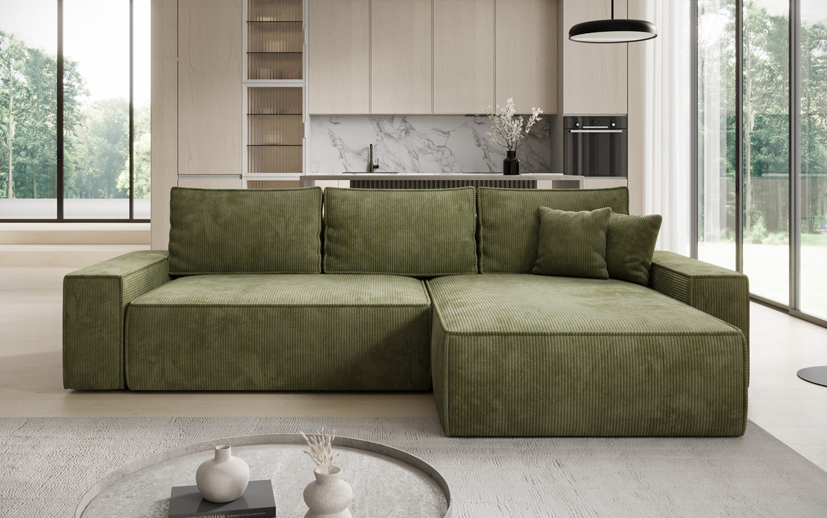 Designer hoekbank Lunaro met slaap- en uitklapfunctie in Ribstof
