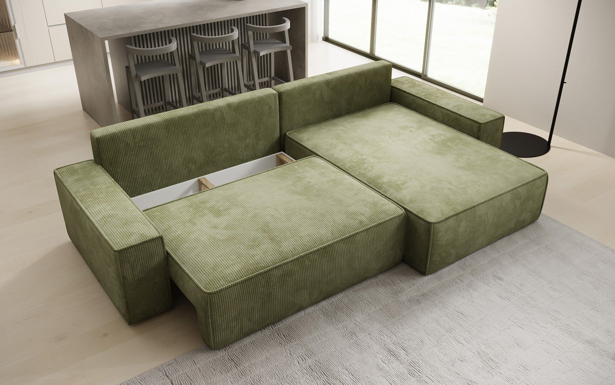 Designer hoekbank Lunaro met slaap- en uitklapfunctie in Ribstof