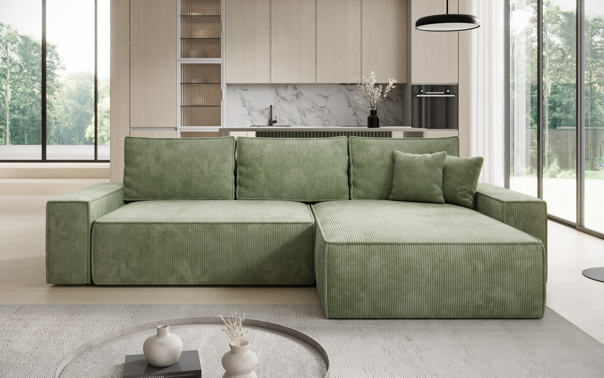 Designer hoekbank Lunaro met slaap- en uitklapfunctie in Ribstof