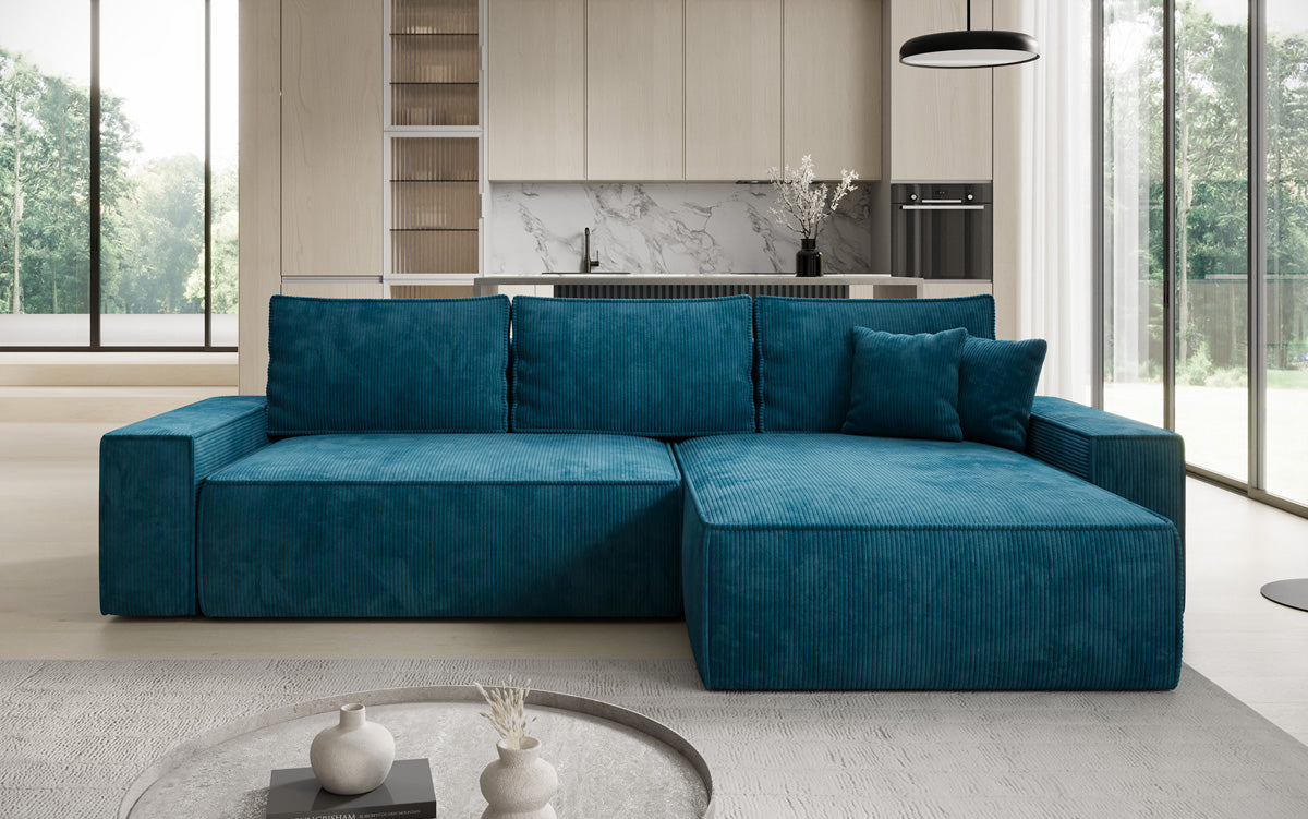 Designer hoekbank Lunaro met slaap- en uitklapfunctie in Ribstof
