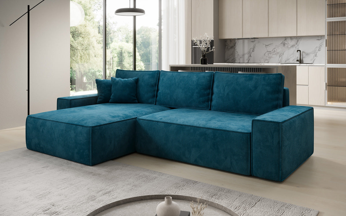 Designer hoekbank Lunaro met slaap- en uitklapfunctie in Ribstof
