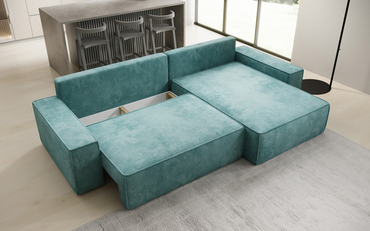 Designer hoekbank Lunaro met slaap- en uitklapfunctie in Ribstof