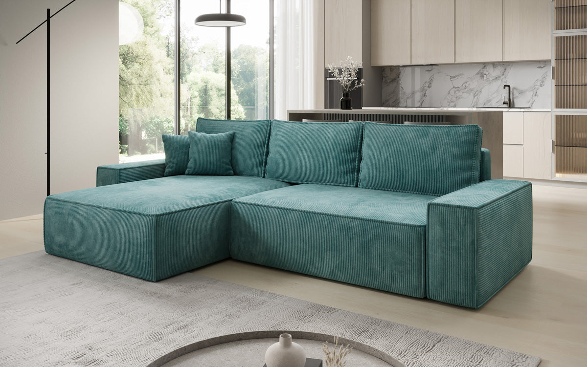 Designer hoekbank Lunaro met slaap- en uitklapfunctie in Ribstof