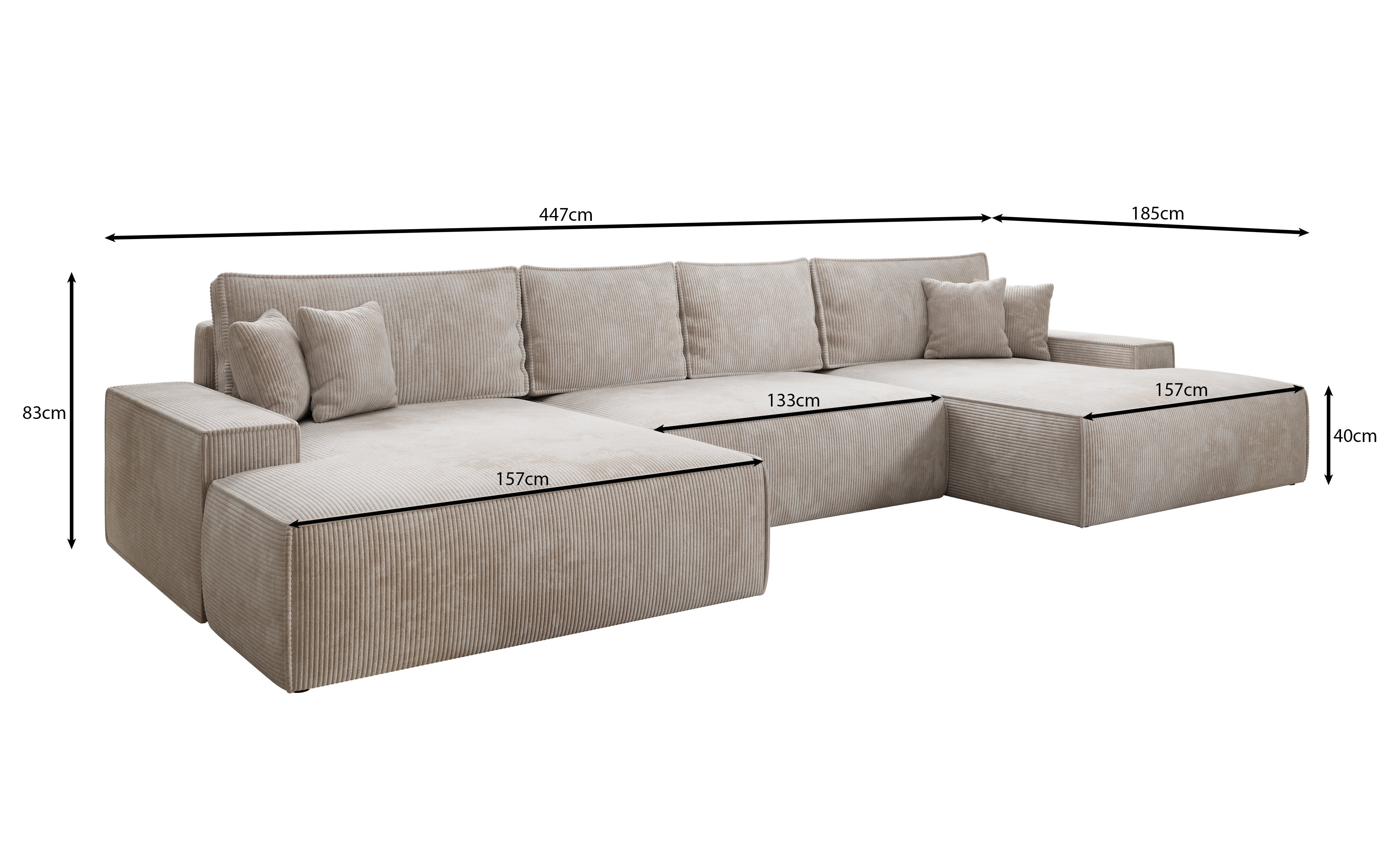 Designsofa Verona U met brede ottomane, slaapfunctie en opbergruimte in Ribstof