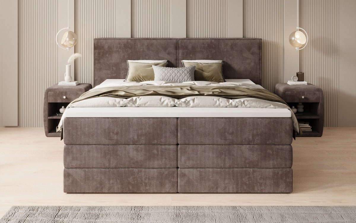 Boxspringbed Ophelia met opklapbare opbergruimte in Ribstof