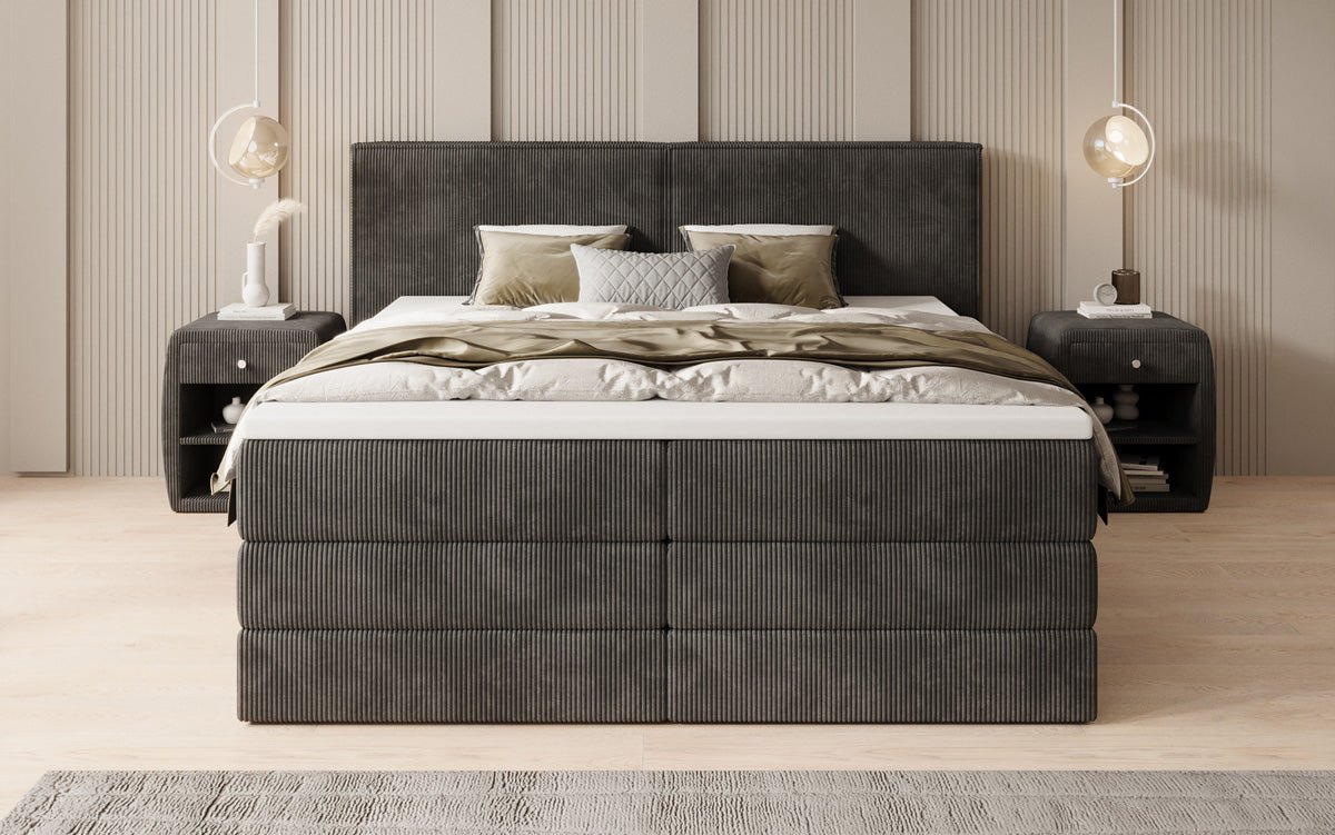 Boxspringbed Ophelia met opklapbare opbergruimte in Ribstof
