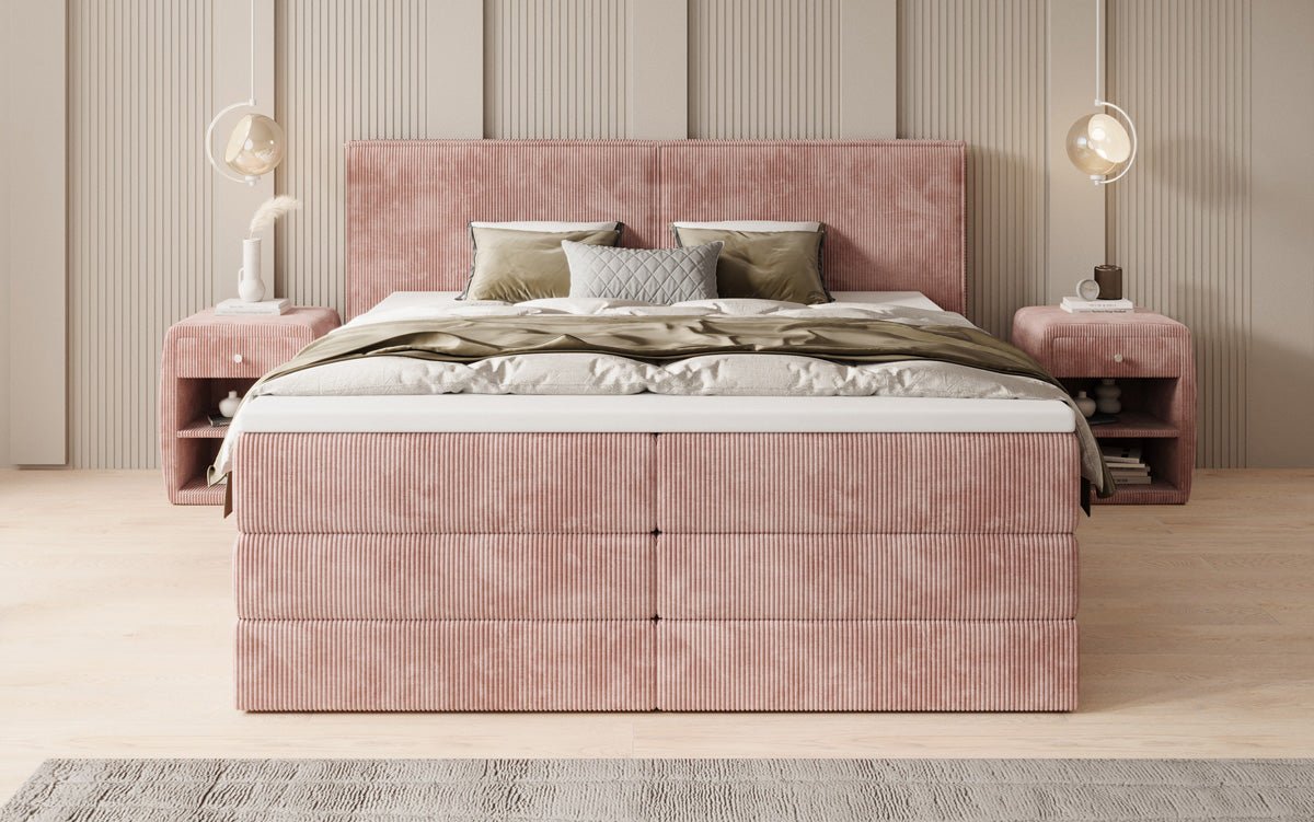 Boxspringbed Ophelia met opklapbare opbergruimte in Ribstof