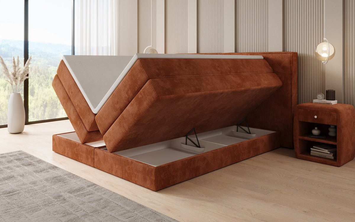 Boxspringbed Ophelia met opklapbare opbergruimte in Ribstof