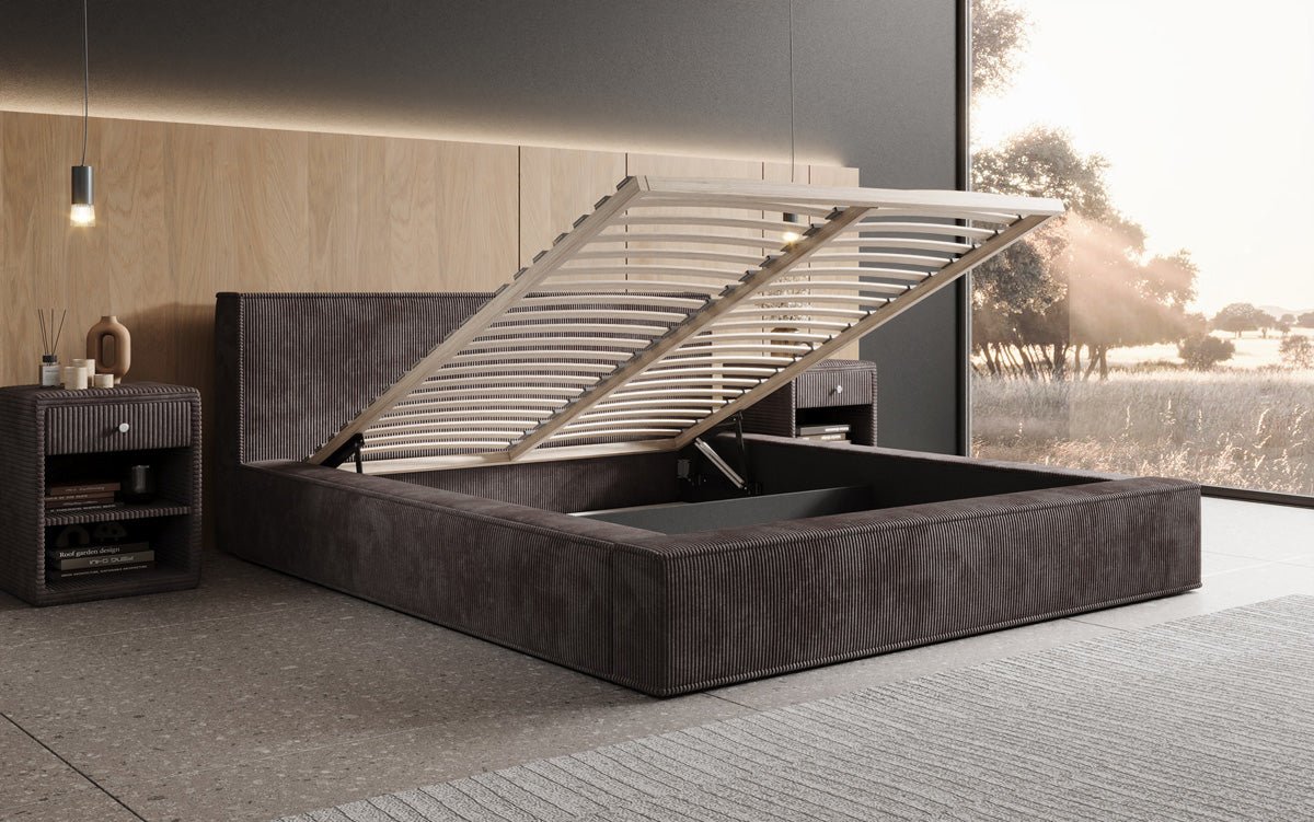 Designer gestoffeerd bed Harmon met opbergruimte