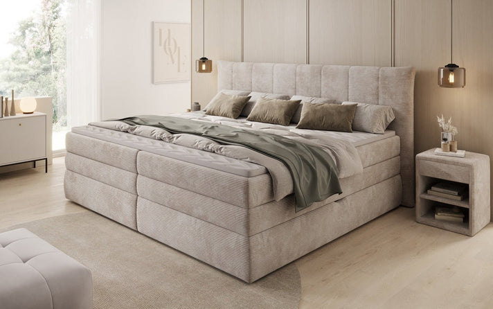 Familie Boxspringbed Stella in 220/240x200 met opbergruimte in ribstof