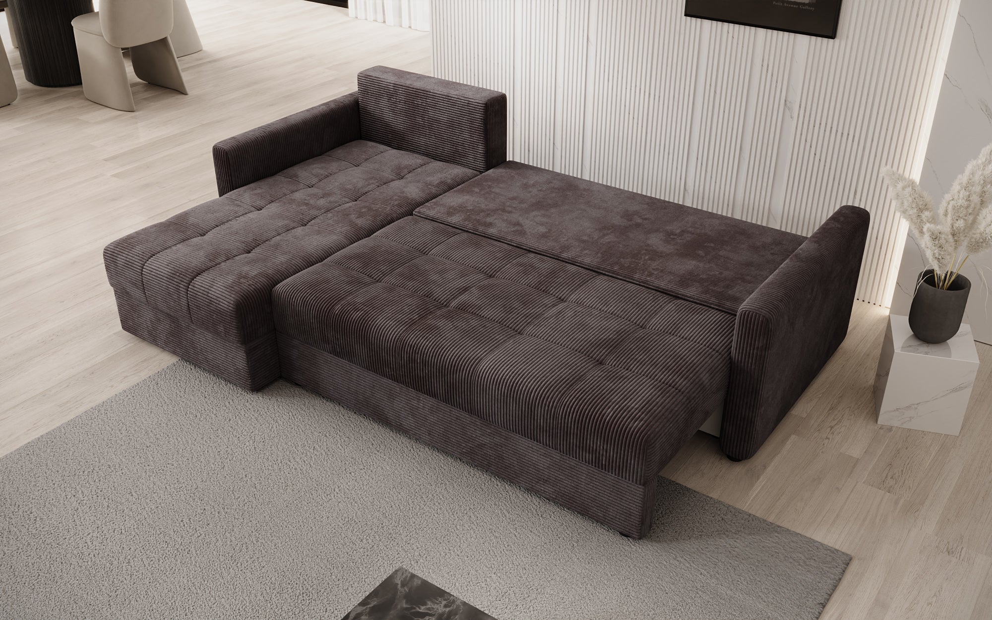 Designersofa Roma in ribstof met slaap- en klapfunctie