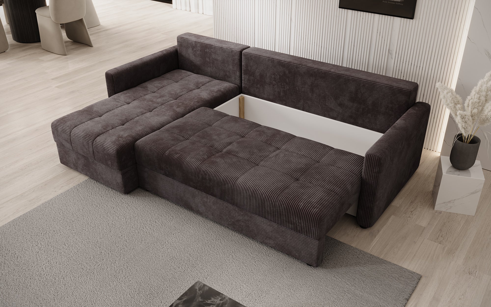 Designersofa Roma in ribstof met slaap- en klapfunctie