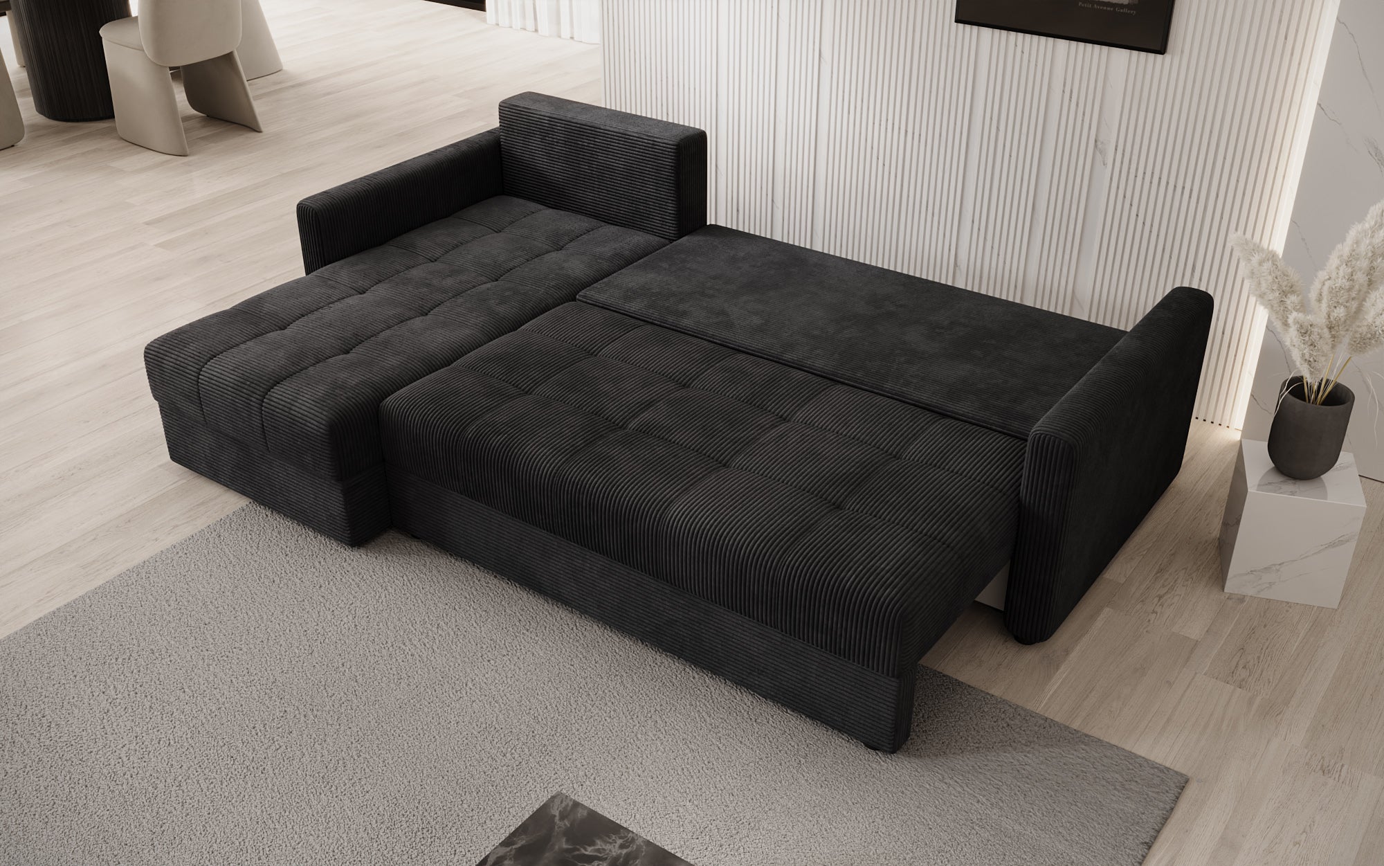 Designersofa Roma in ribstof met slaap- en klapfunctie