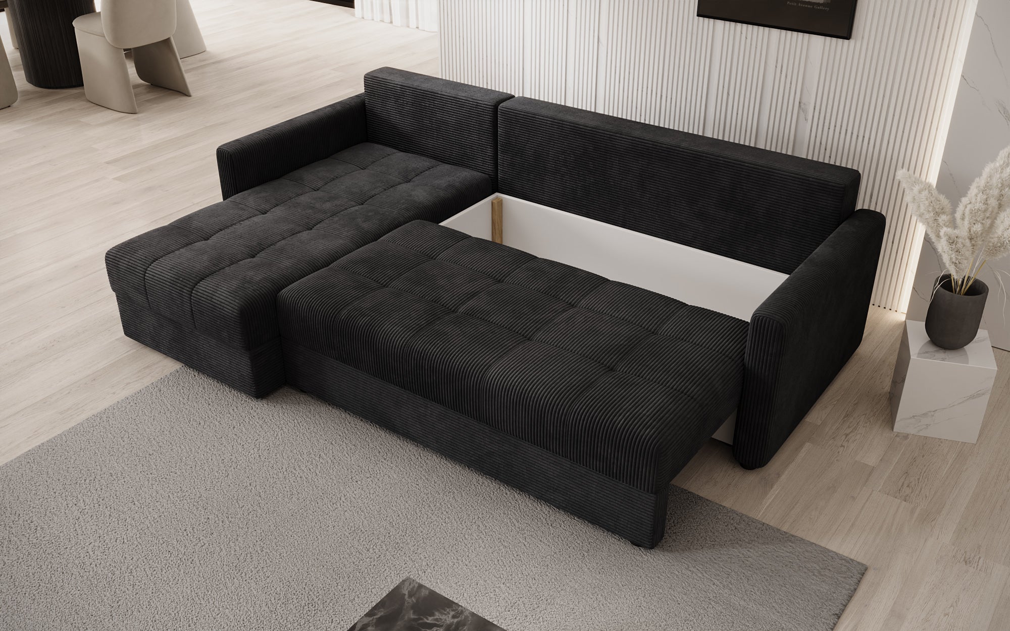Designersofa Roma in ribstof met slaap- en klapfunctie