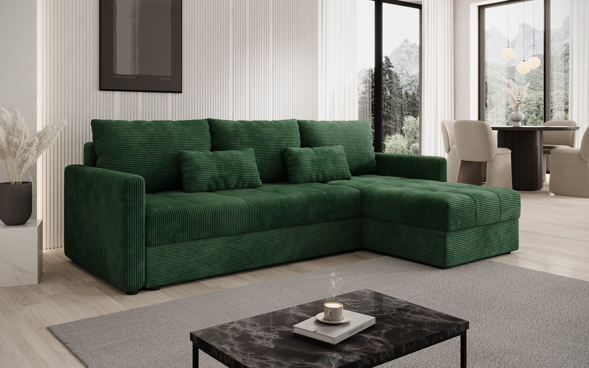 Designer hoekbank Roma in Ribstof met slaap- en uitklapfunctie