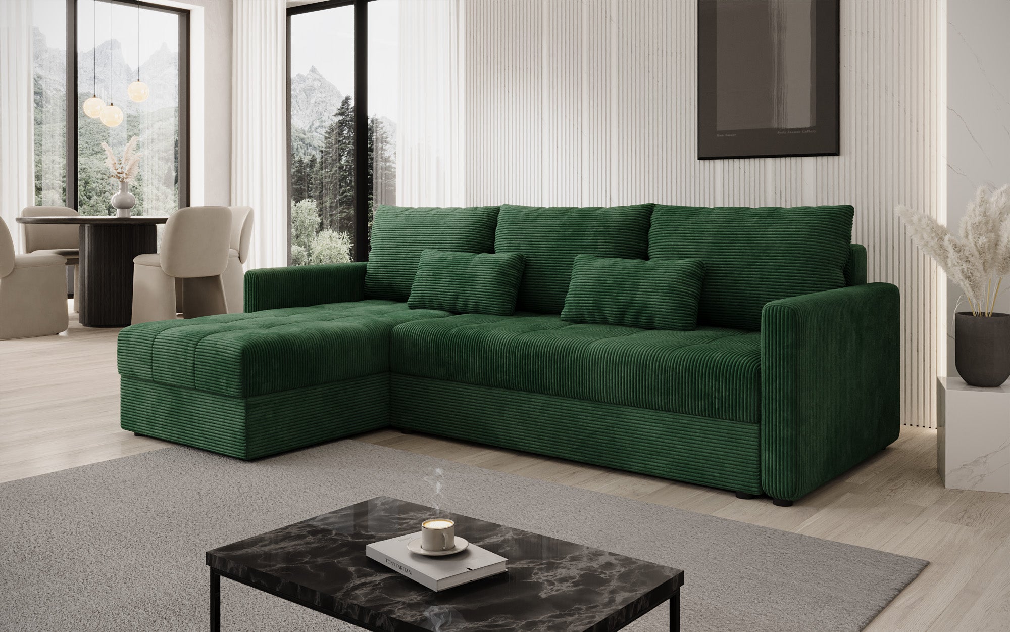 Designer hoekbank Roma in Ribstof met slaap- en uitklapfunctie