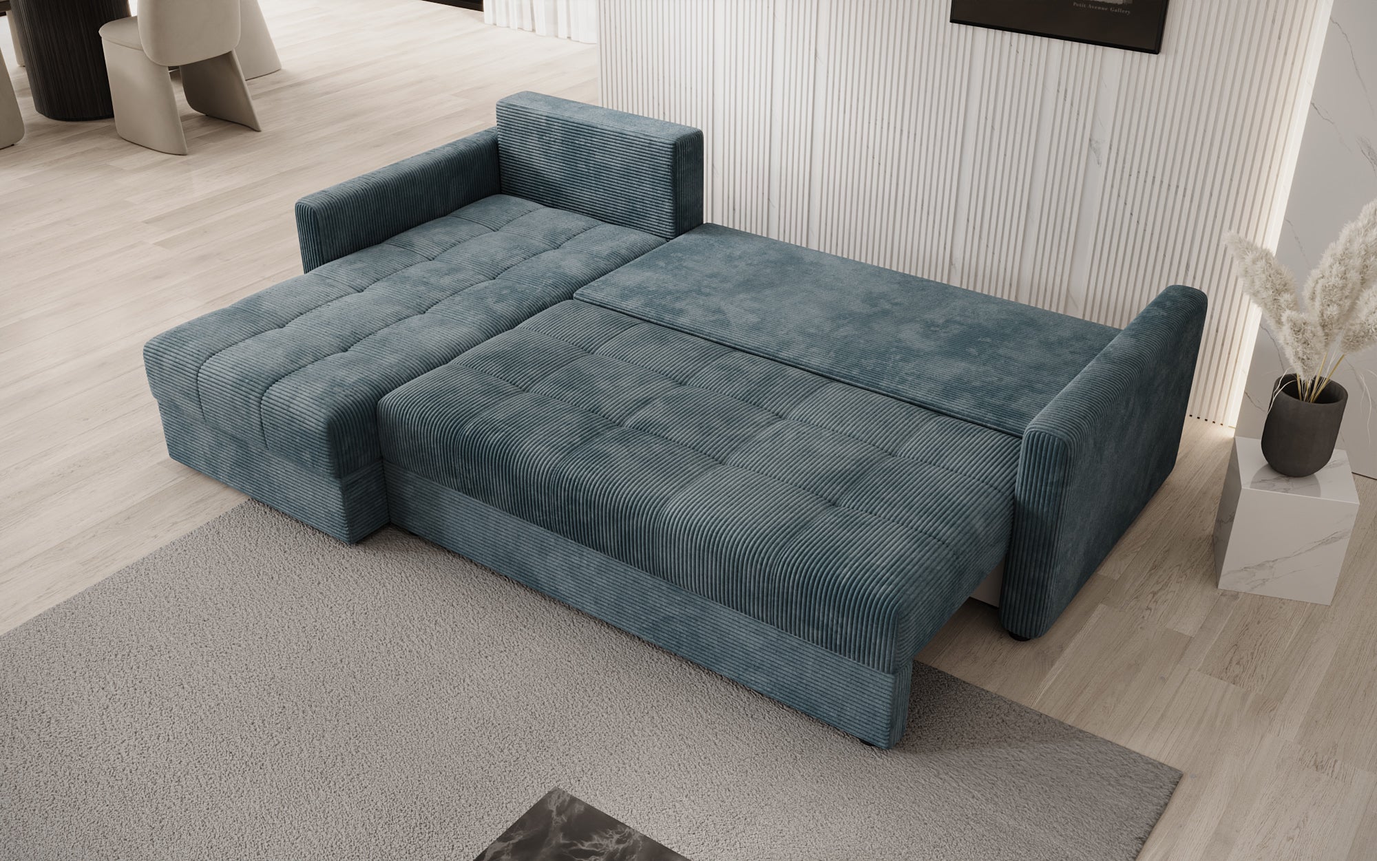 Designersofa Roma in ribstof met slaap- en klapfunctie