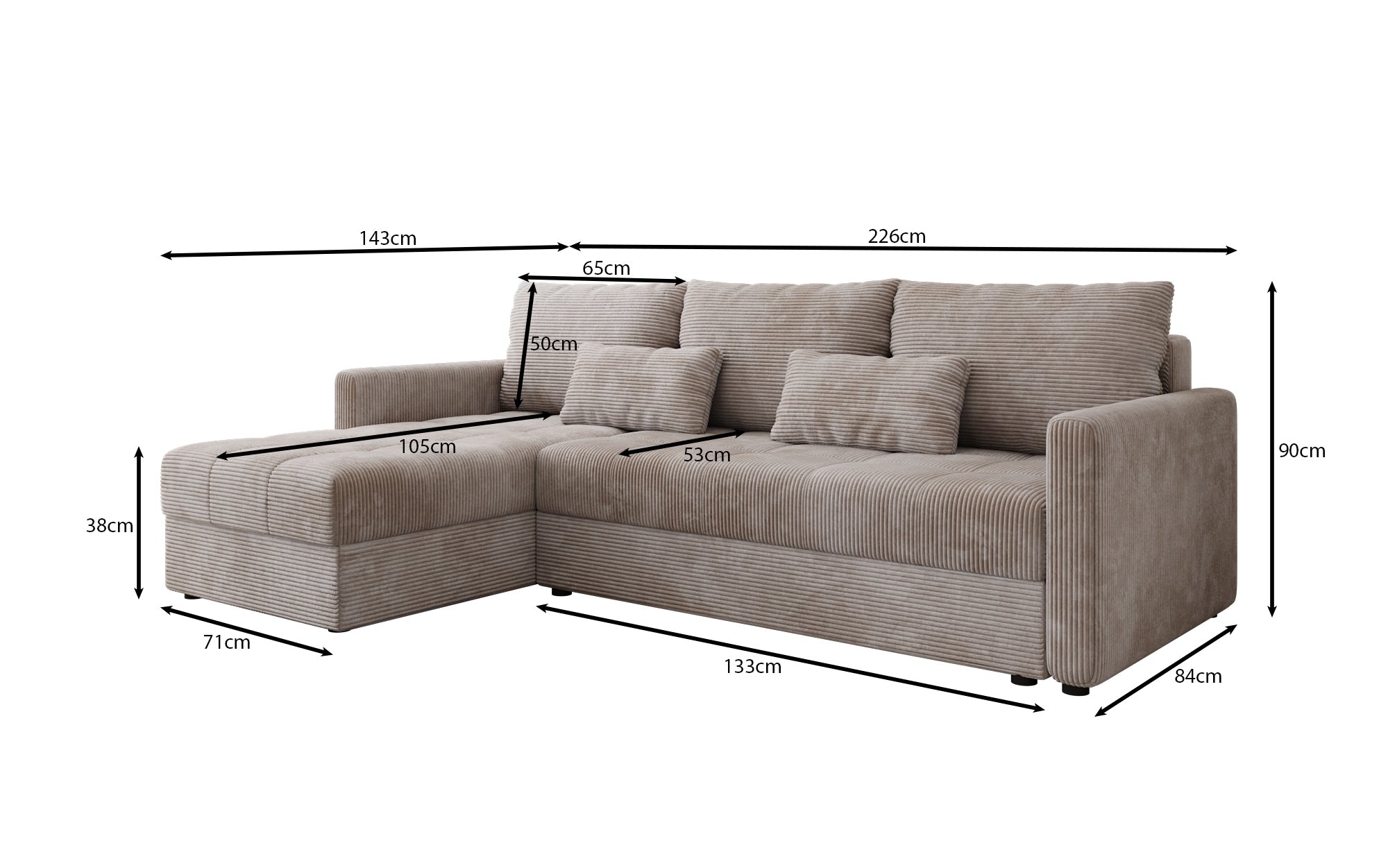 Designersofa Roma in ribstof met slaap- en klapfunctie