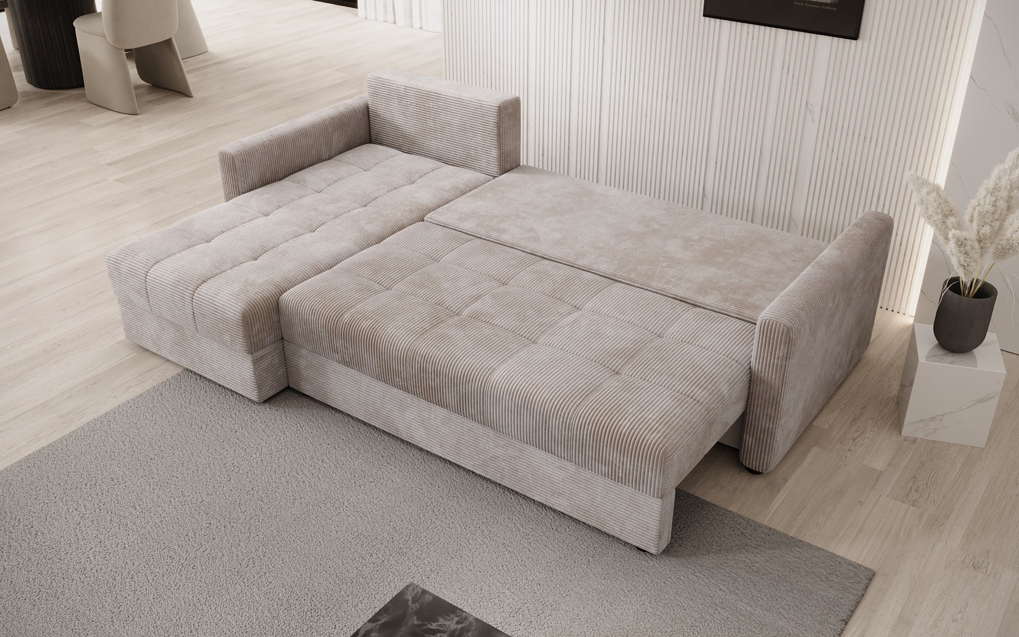 Designersofa Roma in ribstof met slaap- en klapfunctie