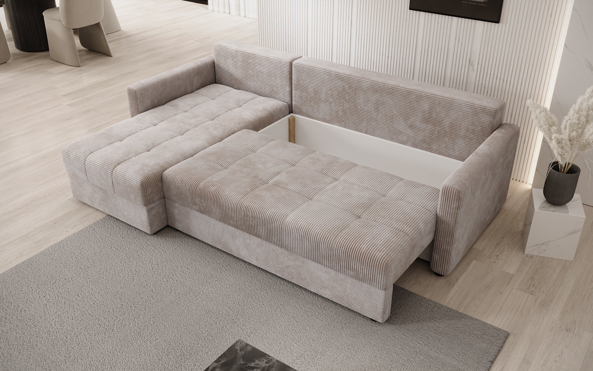 Designersofa Roma in ribstof met slaap- en klapfunctie