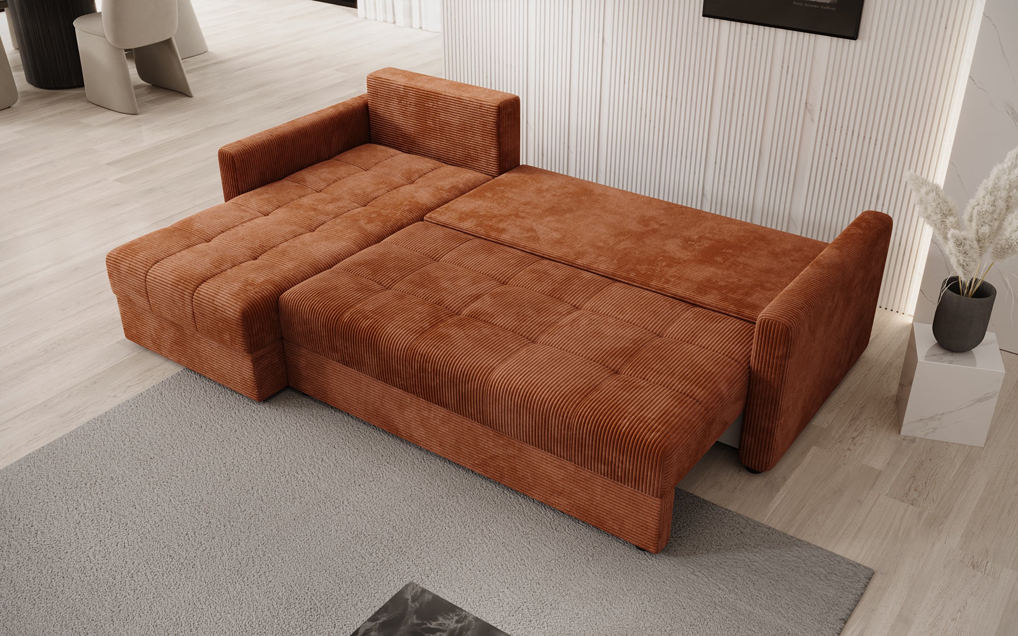 Designersofa Roma in ribstof met slaap- en klapfunctie