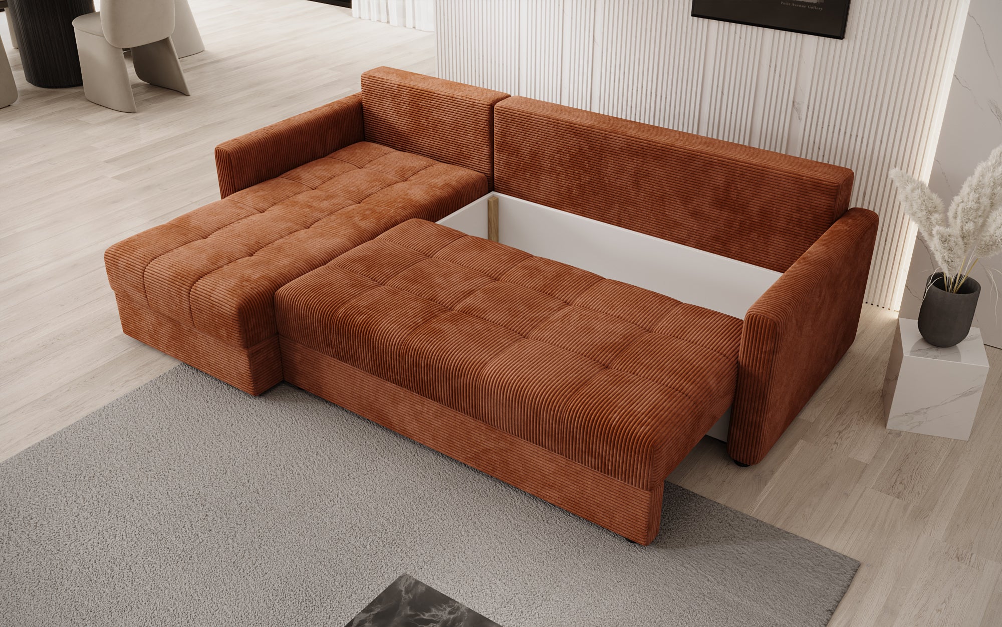 Designersofa Roma in ribstof met slaap- en klapfunctie