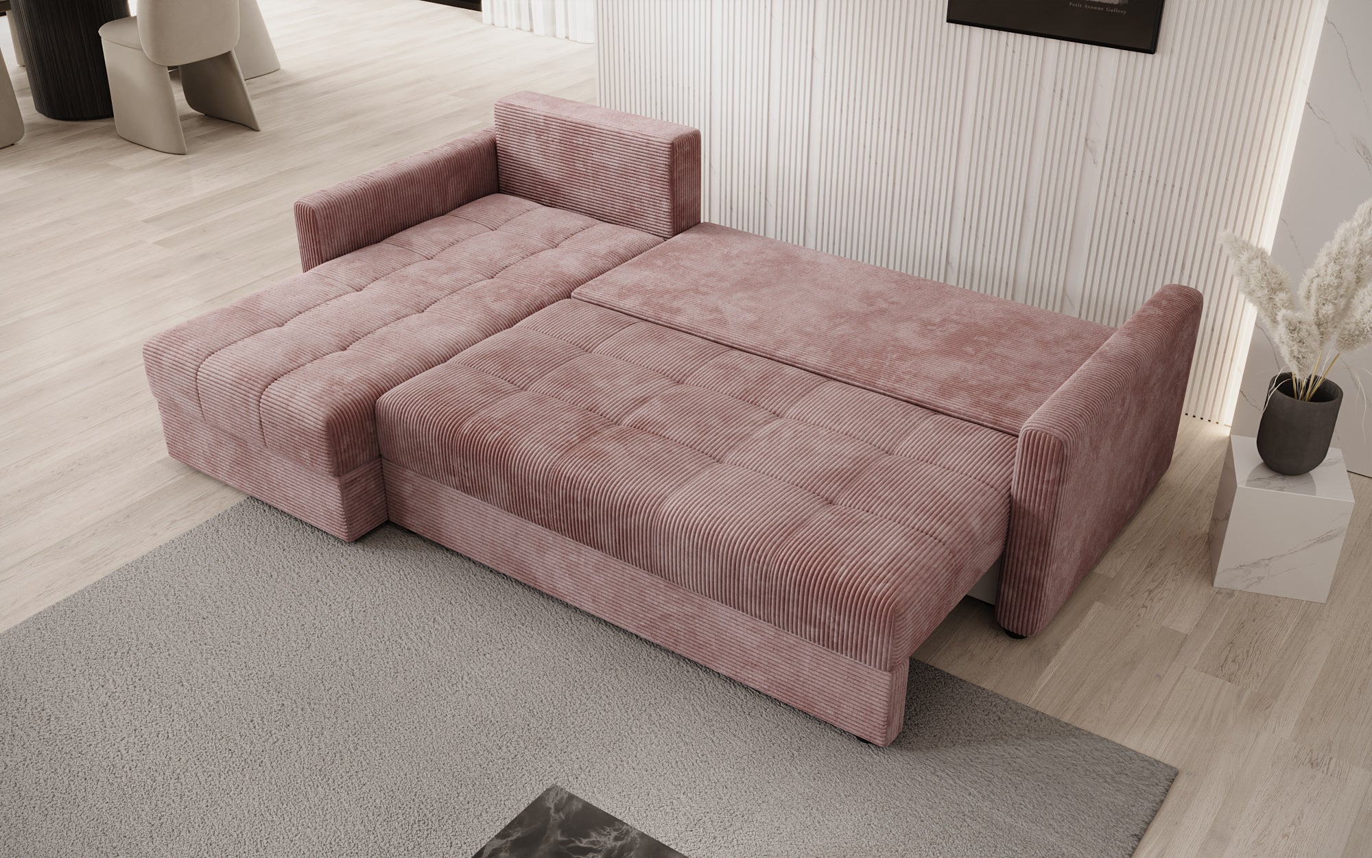Designersofa Roma in ribstof met slaap- en klapfunctie