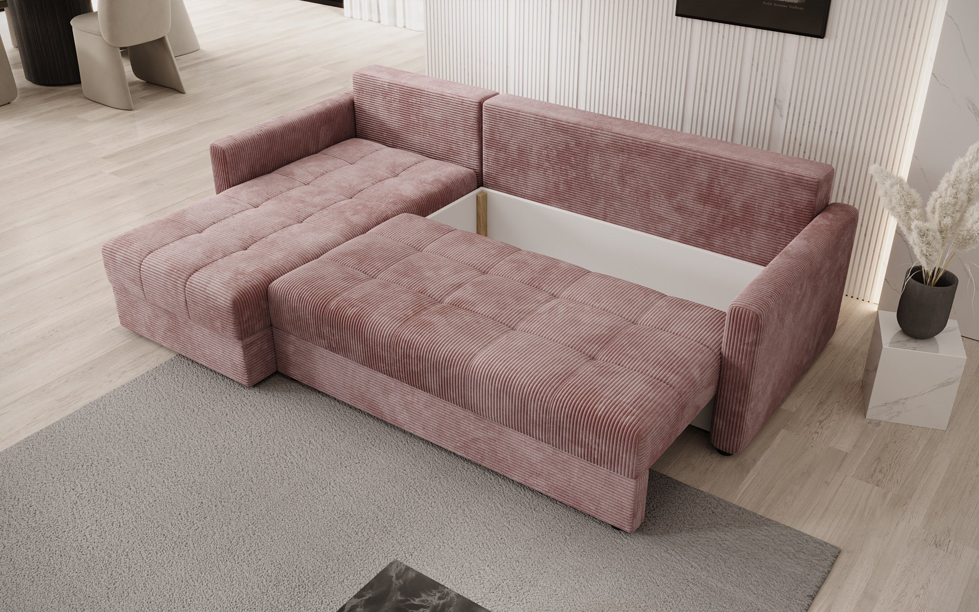 Designersofa Roma in ribstof met slaap- en klapfunctie