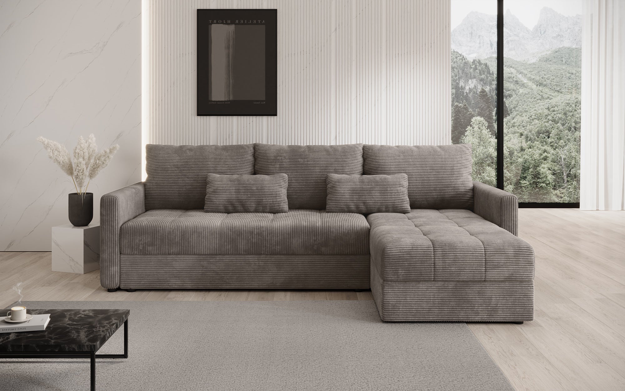 Designersofa Roma in ribstof met slaap- en klapfunctie