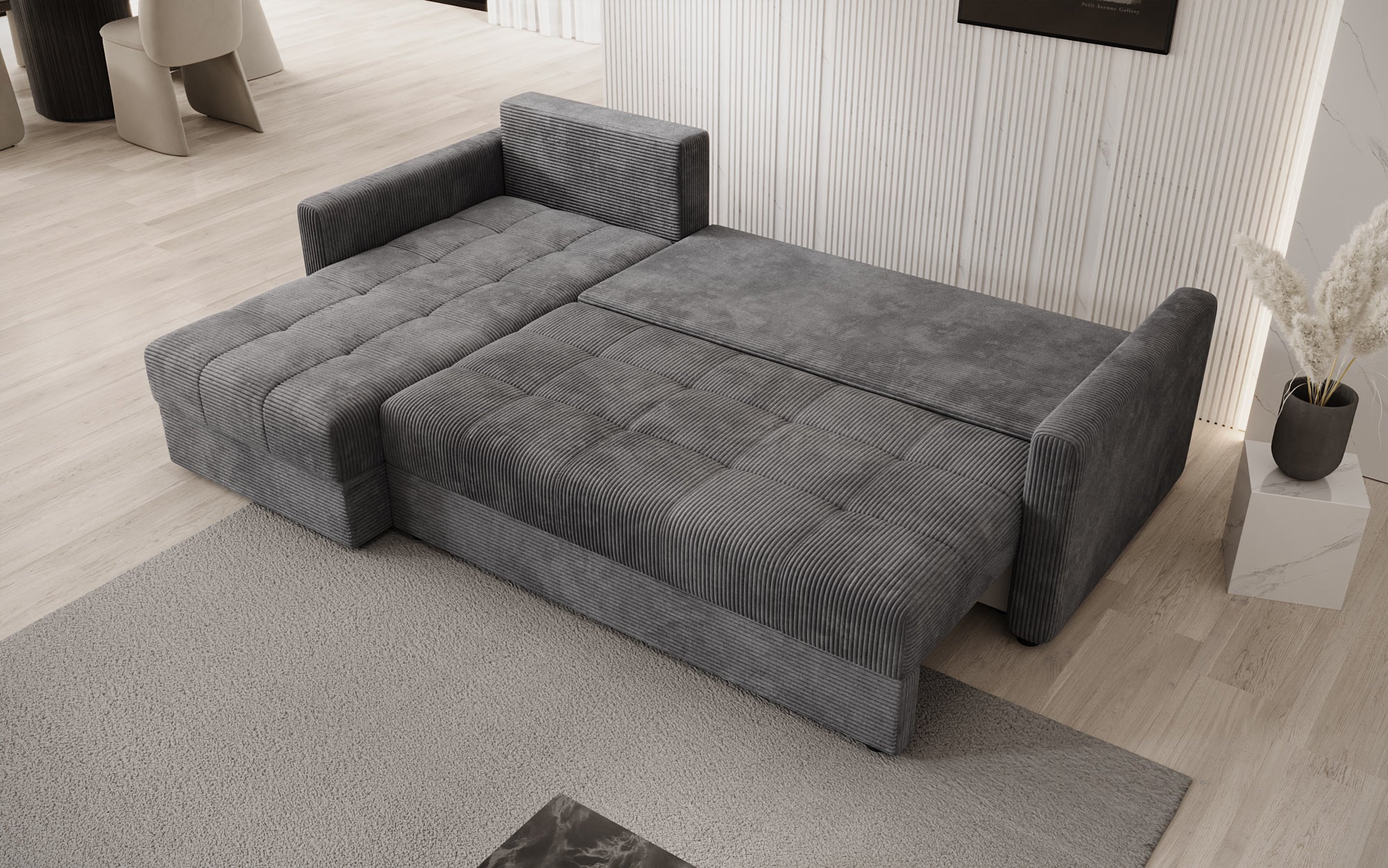 Designersofa Roma in ribstof met slaap- en klapfunctie