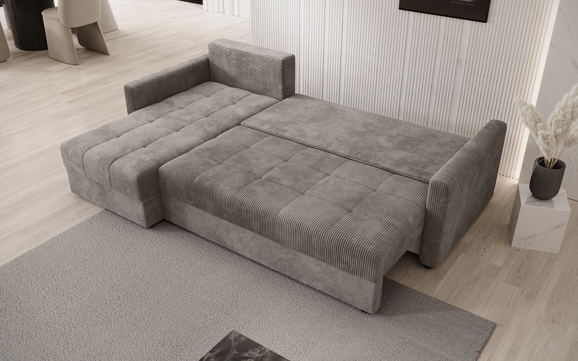 Designersofa Roma in ribstof met slaap- en klapfunctie