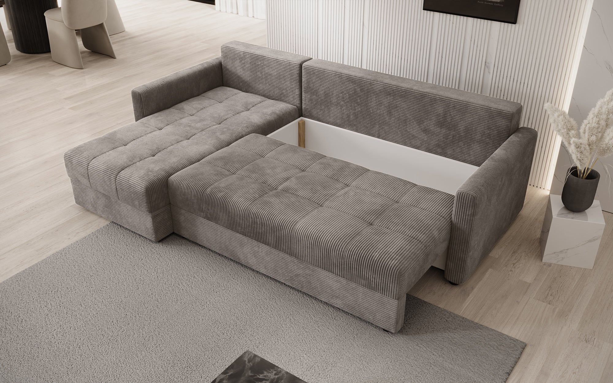 Designersofa Roma in ribstof met slaap- en klapfunctie
