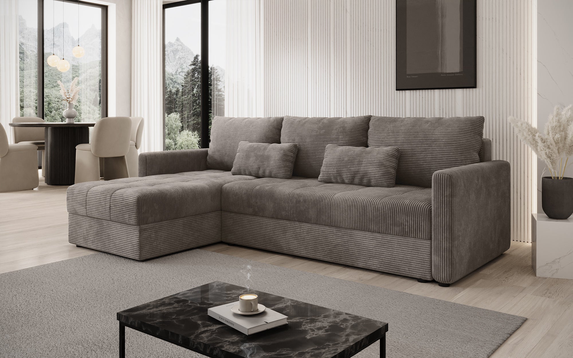 Designersofa Roma in ribstof met slaap- en klapfunctie