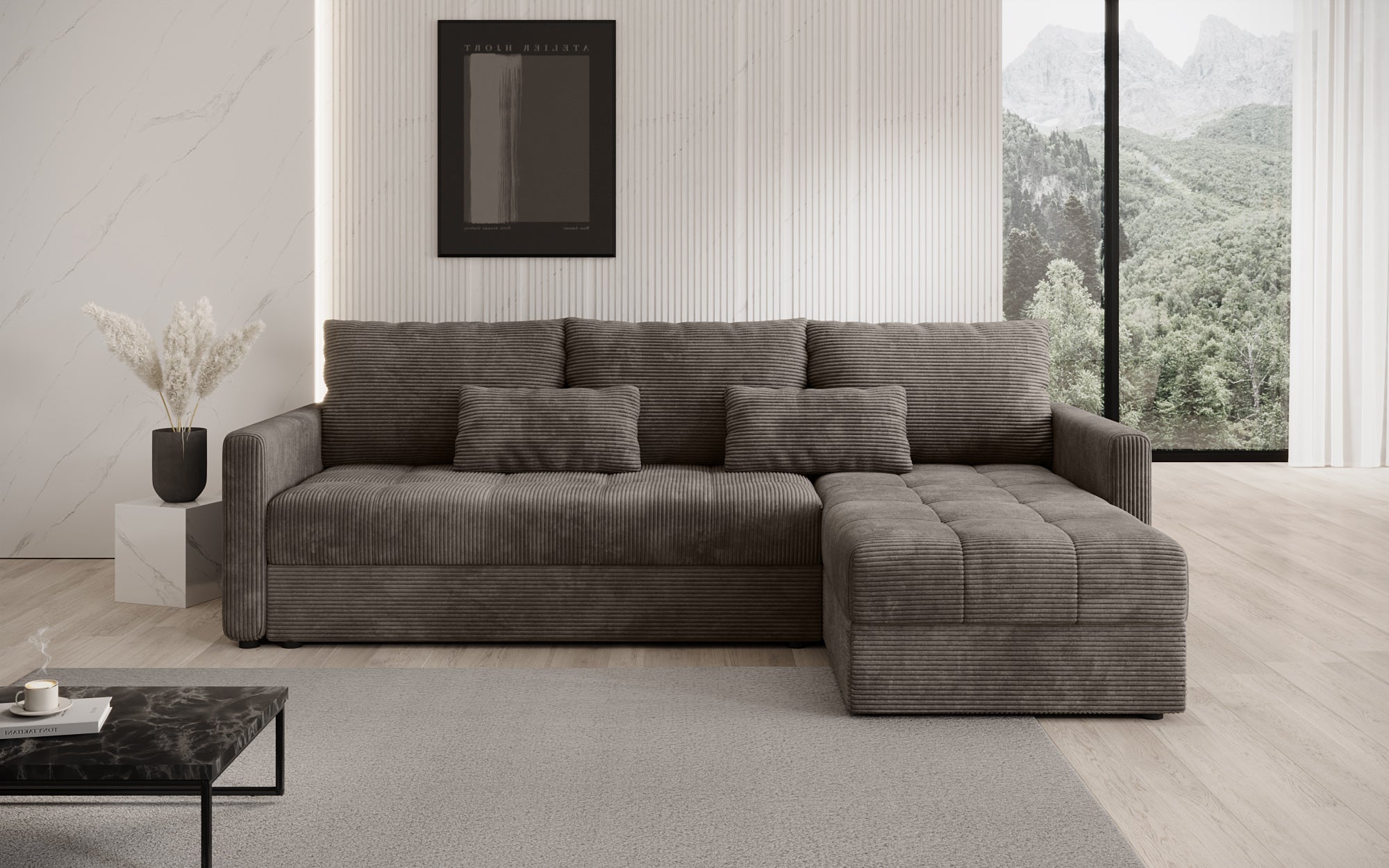 Designersofa Roma in ribstof met slaap- en klapfunctie