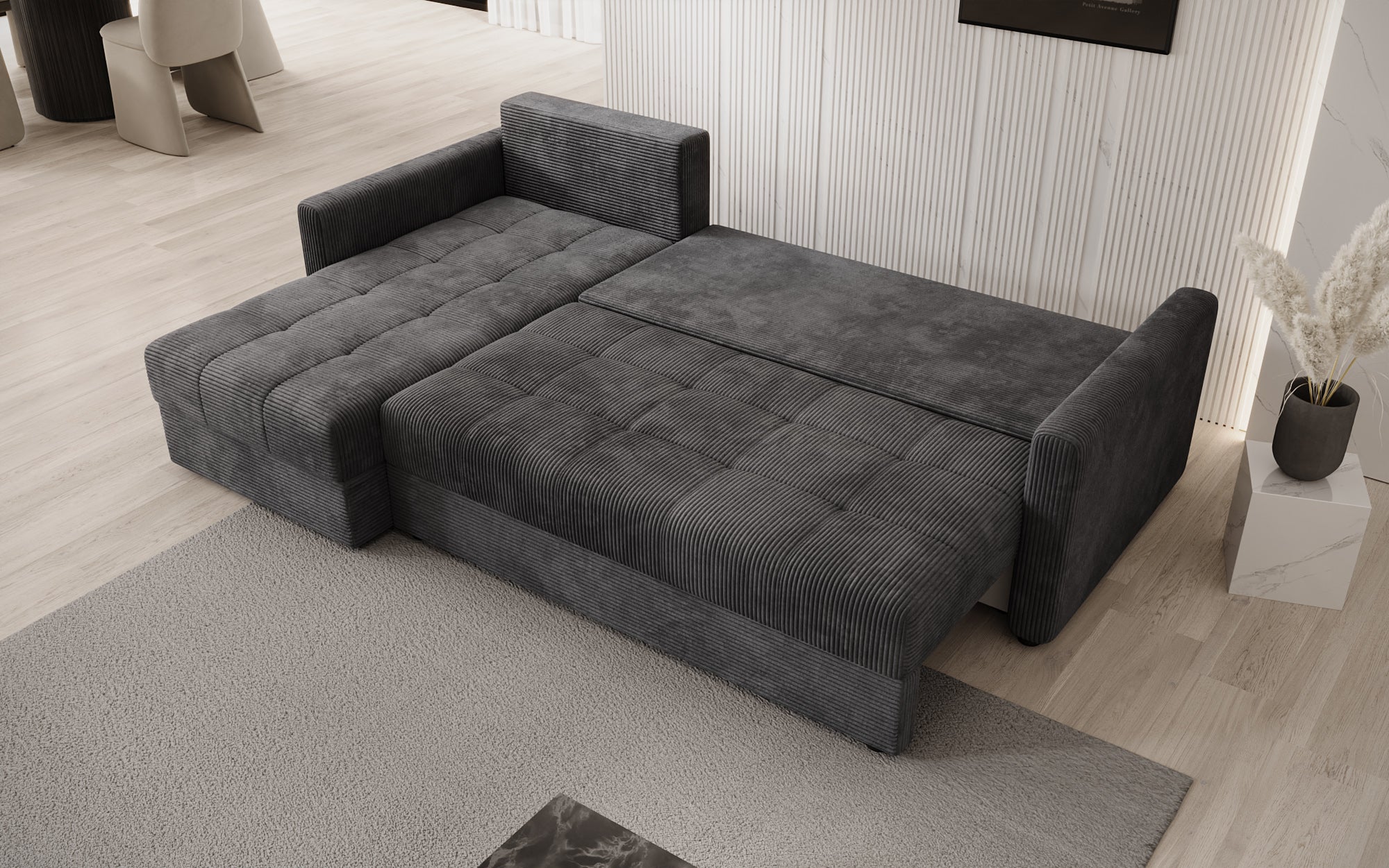 Designersofa Roma in ribstof met slaap- en klapfunctie