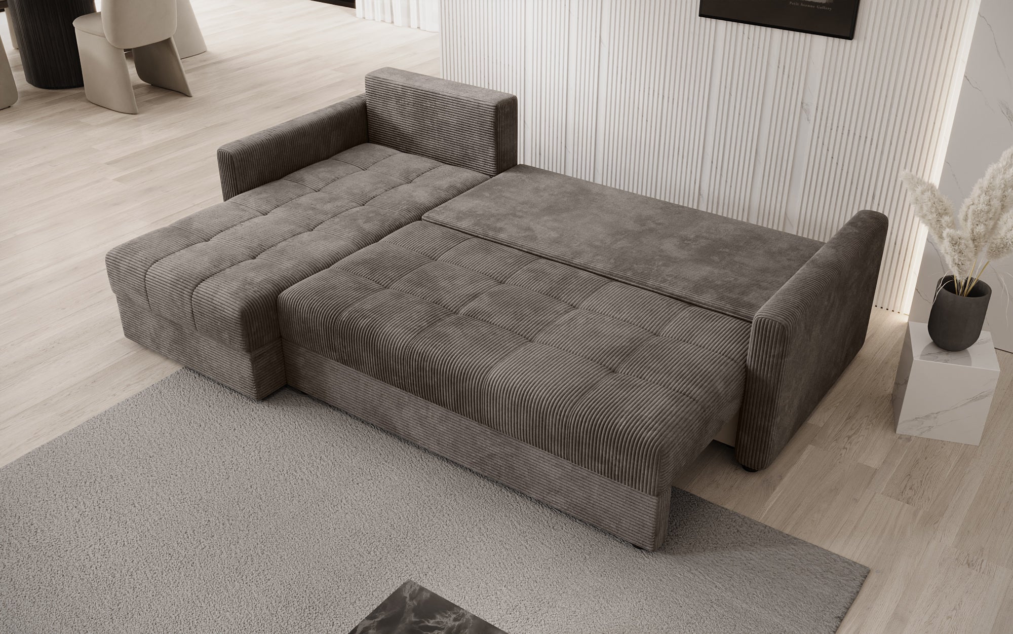Designersofa Roma in ribstof met slaap- en klapfunctie