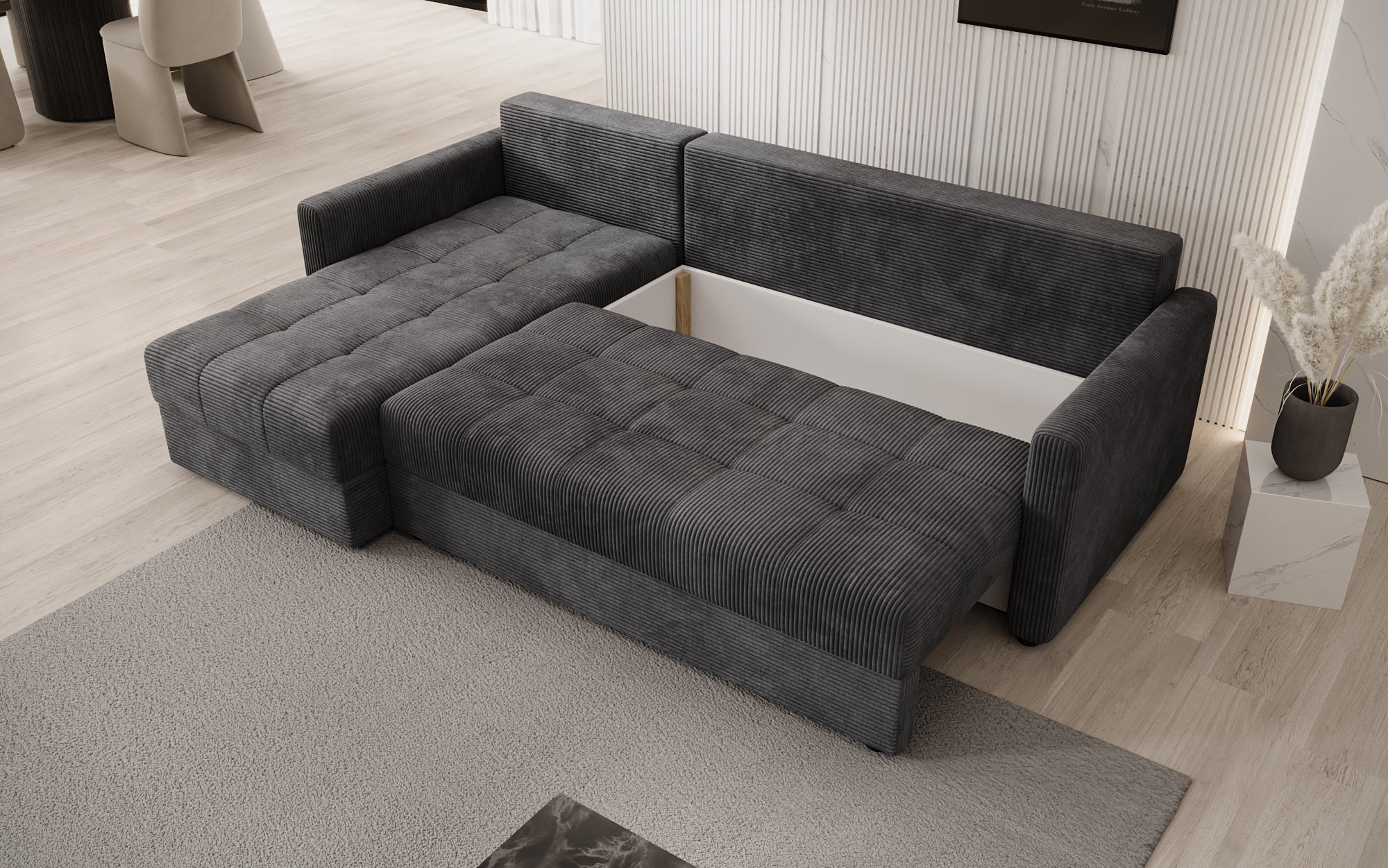 Designersofa Roma in ribstof met slaap- en klapfunctie
