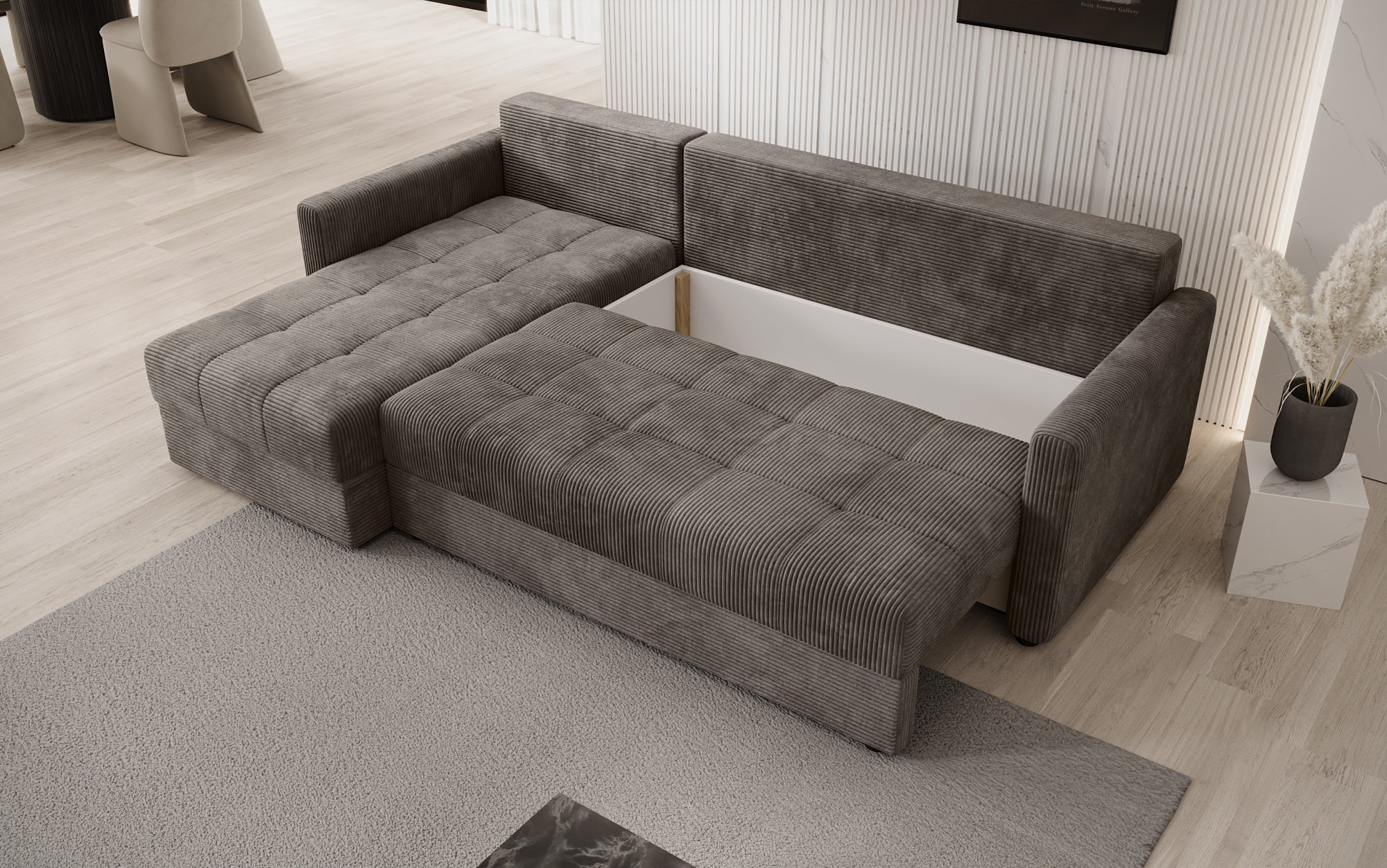 Designersofa Roma in ribstof met slaap- en klapfunctie
