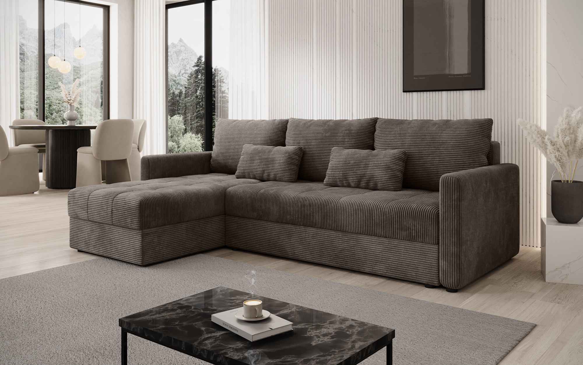 Designersofa Roma in ribstof met slaap- en klapfunctie