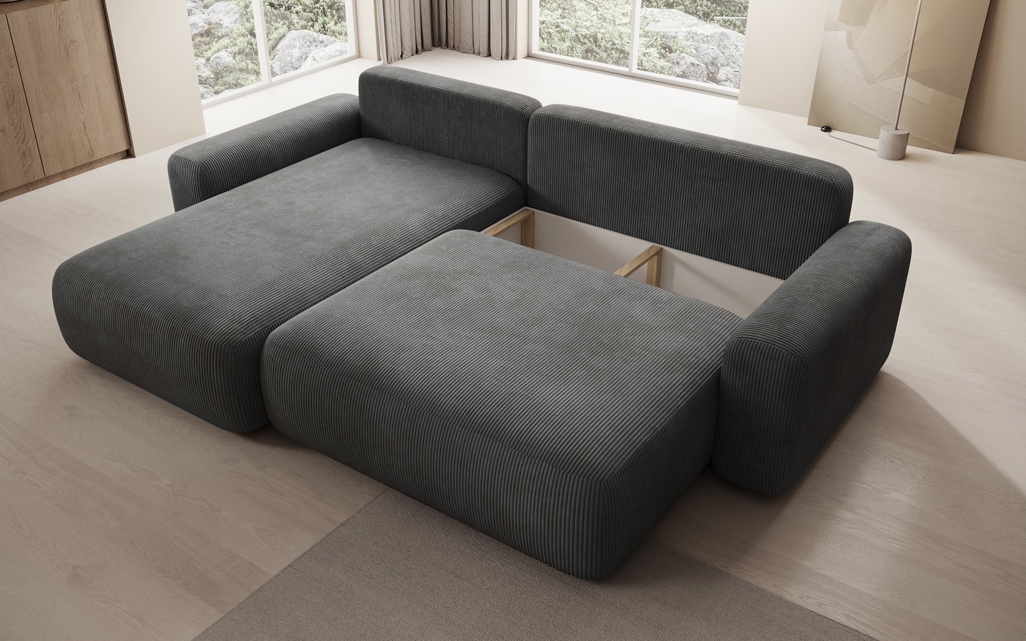 Designerbank Lola met slaap- en klapfunctie in Ribstof
