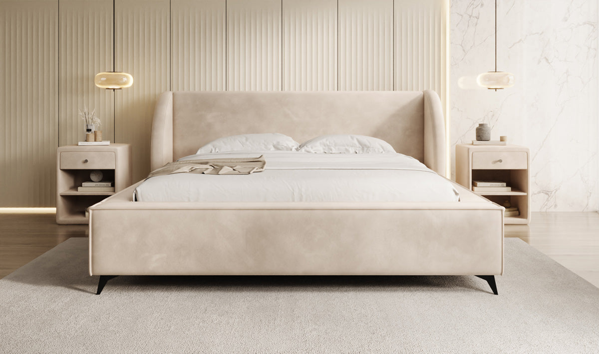 Designer gestoffeerd bed Freya in Fluweel met opbergruimte