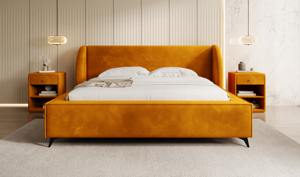 Designer gestoffeerd bed Freya in Fluweel met opbergruimte
