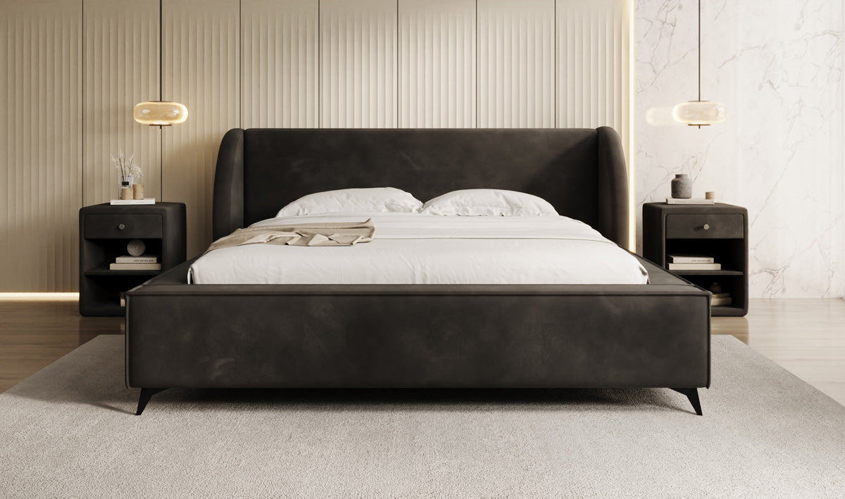 Designer gestoffeerd bed Freya in Fluweel met opbergruimte